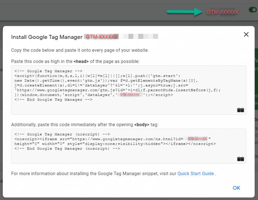 Código de instalação do Google Tag Manager