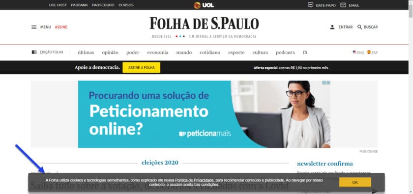Folha de São Paulo cookie consent box